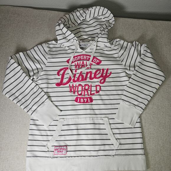 Disney Sweaters - Walt Disney World Hooded Striped Sweatshirt Grey and White XXL PTP 22 Length 25